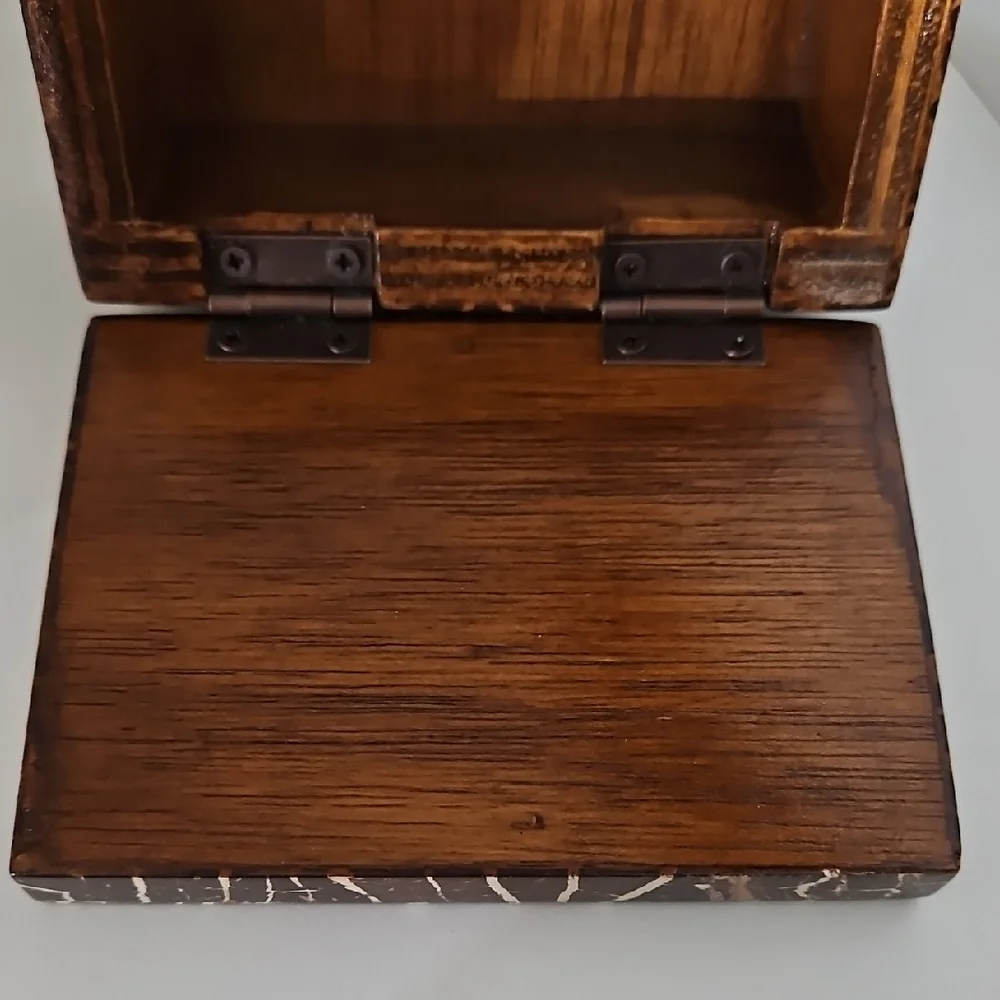 Vintage Handcrafted Wooden Jewelry Box Cracked Eggshell Mosaic Inlay